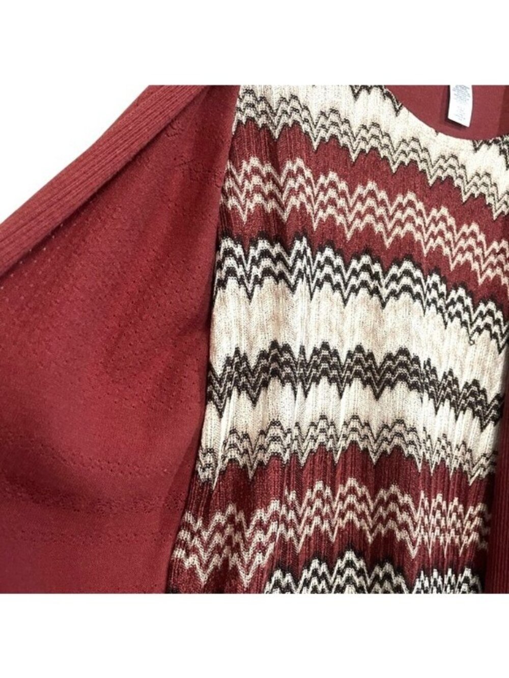 Alfred Dunner Chevron Layered Top Womens Petite Cardigan Rust Gold Tan Patterned - Picture 16 of 16